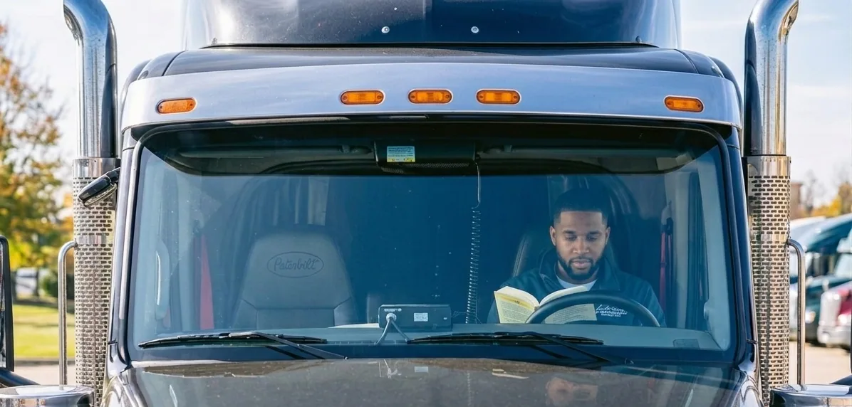 A driver reading a book from the cab of his truck